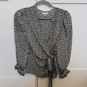 Max Studio Black and White Floral Wrap Blouse